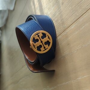 Tory Burch Blue Leather Belt with Gold Buckle